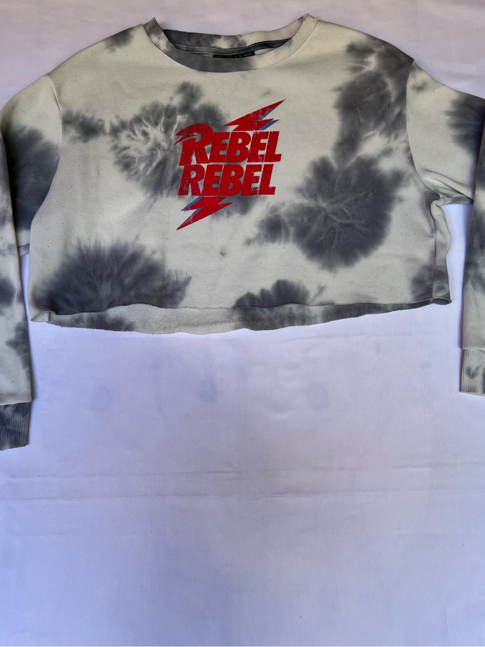 David Bowie Rebel Rebel Black White Tie Dye Cropped Sweatshirt Women’s XL